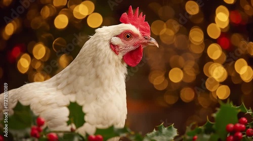 Beautiful white chicken stands out among festive holiday decorations and bright lights