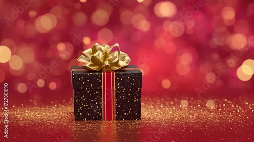 Celebration gift box with golden bow and festive background during holiday season
