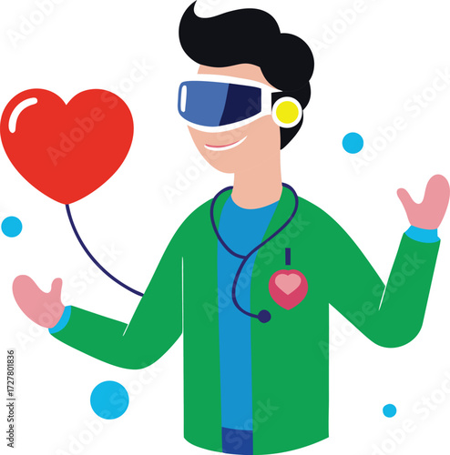 Futuristic Medical Illustration Doctor Wearing VR Goggles Holds Heart Shaped Balloon, Featuring Advanced Technology and Healthcare Concepts for Innovative Solutions and Patient Care Initiatives