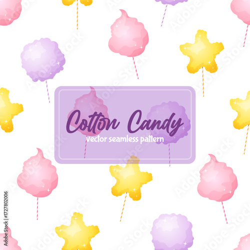 Vector cartoon seamless pattern of colorful cotton candy different colors and shapes isolated on white background. 