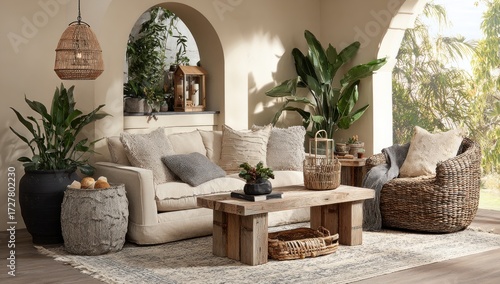 A sun-drenched outdoor living space features a neutral color palette, natural textures, and lush greenery.