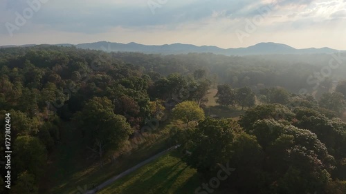 Aerial moody morning over countryside in North Georgia Mountains