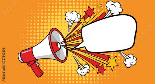 A retro comic book style illustration of a megaphone emitting a speech bubble and starbursts.
