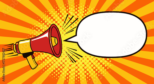 A vibrant illustration of a megaphone with a speech bubble against a radiating background.