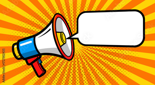 Cartoon megaphone with speech bubble on a burst background.