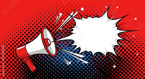 Pop art megaphone with a blank speech bubble for announcements on a red and blue halftone background.