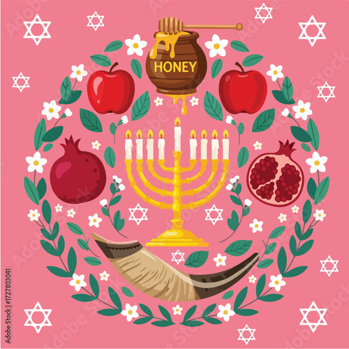 Festive Rosh Hashanah & Hanukkah Celebration Symbolic Elements of Jewish Holidays