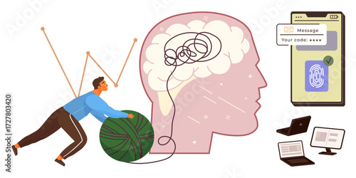 Person untangling yarn near brain representing organizing thoughts, alongside technology thumbs up fingerprint ID, phones, and laptops. Ideal for mental clarity, productivity, security, technology