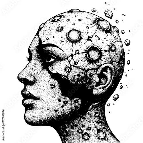 Surreal Black and White Illustration of a Woman's Head as a Cratered Moon, Representing Cosmic Consciousness and Inner Exploration
