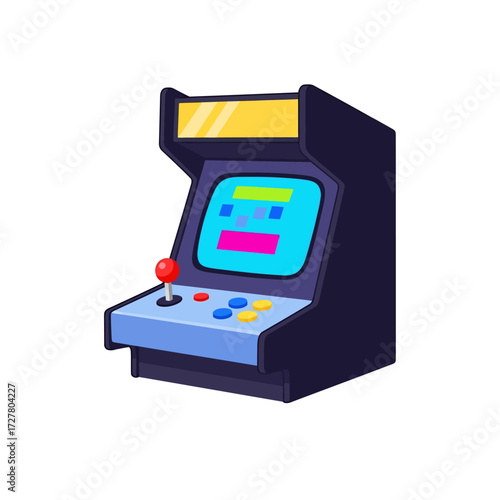 Retro Arcade Game Machine with Joystick and Colorful Pixelated Screen Display.
