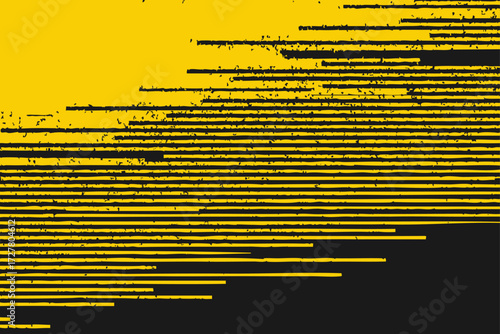 Abstract vector background with horizontal glitch stripes in bright yellow on black. Distorted noisy texture for futuristic, cyber, tech, and creative design projects.