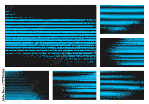 Abstract vector set with neon blue glitch stripes on black. Distorted noisy textures for bold modern backgrounds, posters, banners, and creative digital design projects.