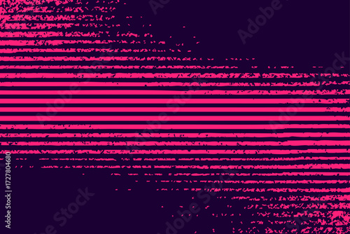 Neon pink striped glitch texture vector with noisy distortion on black. Modern abstract backdrop for posters, web design, and digital art.