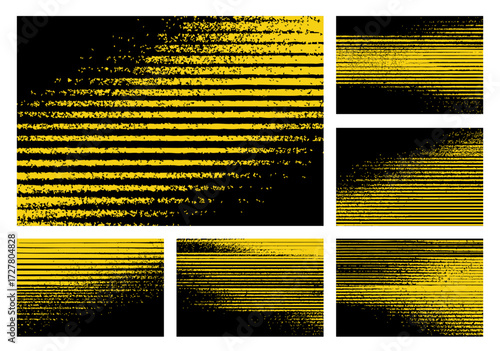Yellow and black abstract vector textures with noisy striped patterns. Dynamic flat backgrounds for edgy, urban, and contemporary graphic design work.