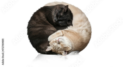 Two cats black and white curled in yin yang symbol on white background.