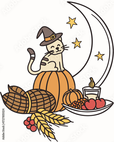 Cute Bashful Bengal Cat, accessorized with sitting on a moon, in a Thanksgiving world – Grateful Harvest palette vector