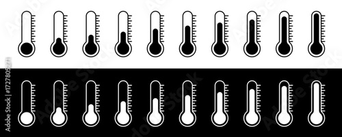 Abstract thermometer measure indicator set vector design. Cold to hot temperature indicator measurement black and white set. Creative weather meteorology icon illustration. 
