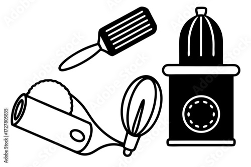 Collection of kitchen utensils and a fire hydrant silhouette isolated on white background