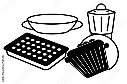Collection of kitchen utensils including a bowl grater and muffin tin silhouette isolated on white background