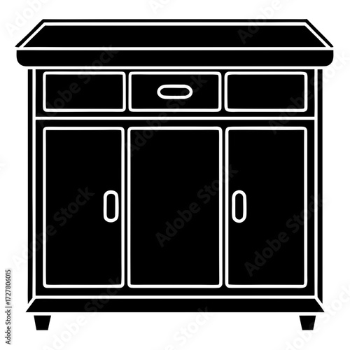 A black silhouette of a wooden cabinet with three drawers and two doors isolated on white background