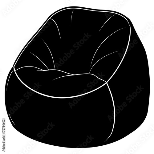 A simple black silhouette of a bean bag chair with white outline details isolated on white background silhouette