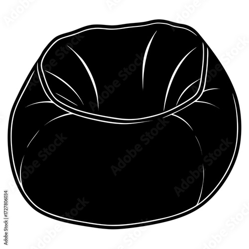 Black bean bag chair silhouette with white outlines isolated on white background