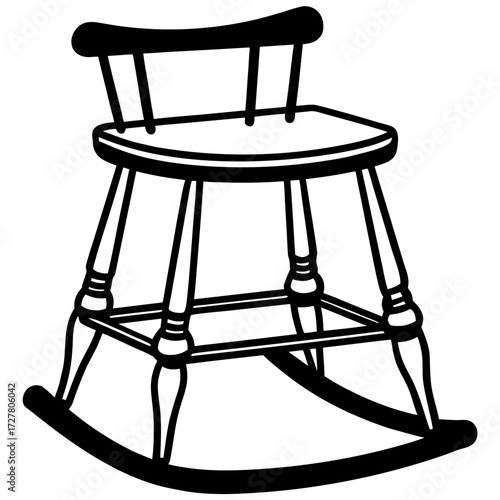 A classic wooden rocking chair for children depicted as a simple black silhouette isolated on white background