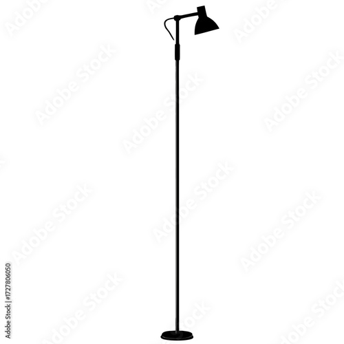 A tall black floor lamp with an adjustable head in silhouette isolated on white background