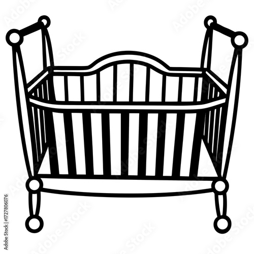 A simple black and white silhouette of a baby crib isolated on white background