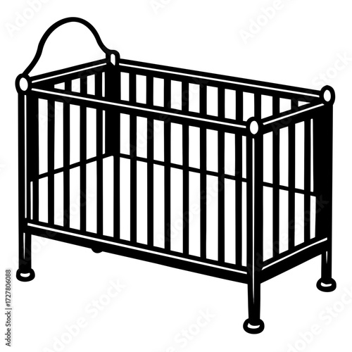 Classic black silhouette of a baby crib isolated on white background