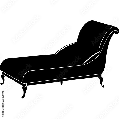 Elegant black silhouette chaise lounge with ornate legs isolated on white background