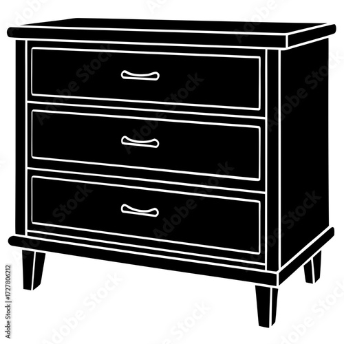 Classic three drawer dresser furniture silhouette with handles isolated on white background