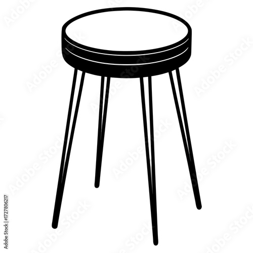 A minimalist black silhouette of a round stool with thin legs isolated on white background silhouette