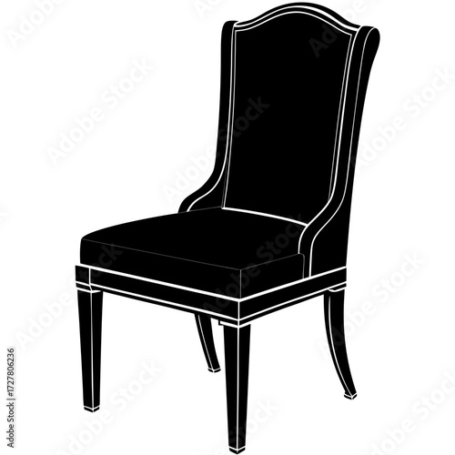 Elegant black upholstered armchair silhouette with a tall back isolated on white background