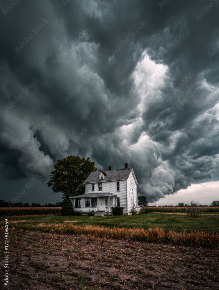 Fototapeta premium Dramatic Storm Clouds Loom Over a Classic Farmhouse in Rural Landscape During Late Afternoon