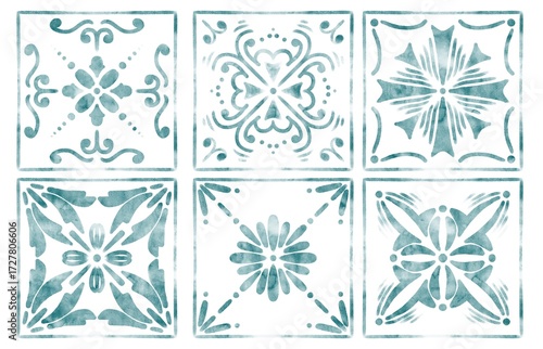 six tiles with blue watercolor patterns