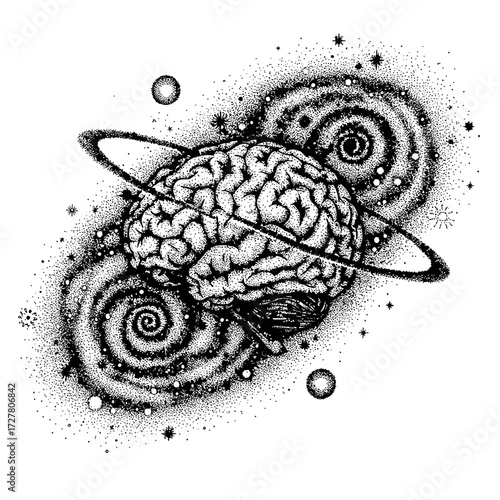 Cosmic Brain Nebula and Saturn Ring Vector Illustration Exploring the Universe of Thought and Imagination