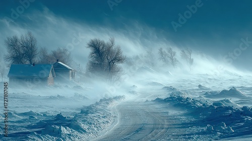 Harsh winter blizzard sweeps across a vast snowy plain, covering small isolated homes and bare trees. Deep snowdrifts line the desolate winding road under extreme cold.