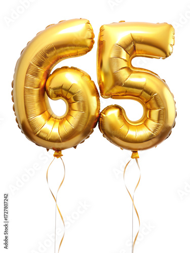 Two golden number balloons forming the number 65 isolated on transparent background, perfect for celebrating a 65th birthday or anniversary with a festive decoration