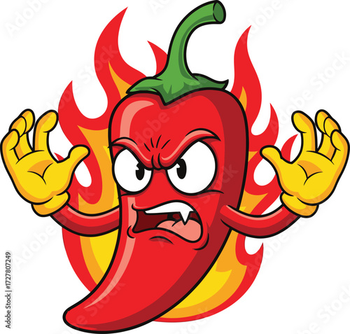 Angry Chili Pepper Cartoon Illustration with Flames and Yellow Gloves – Spicy Character Design with Exaggerated Expression on White Background