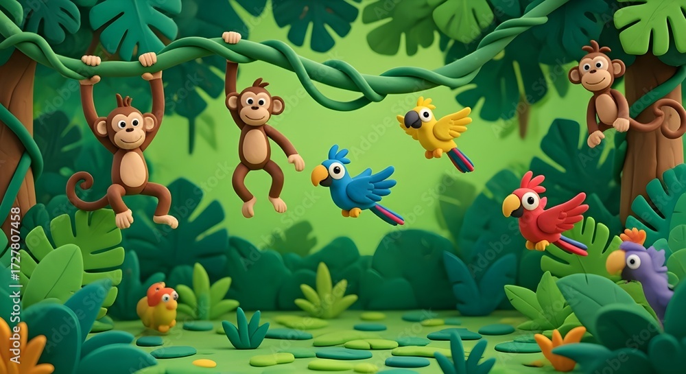 Naklejka premium Playful Claymation Jungle Scene with Monkeys and Parrots.