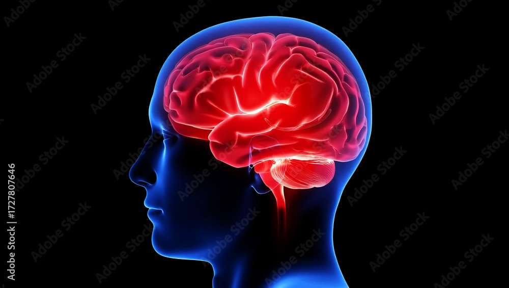 Obraz premium Glowing red brain inside blue human head profile image