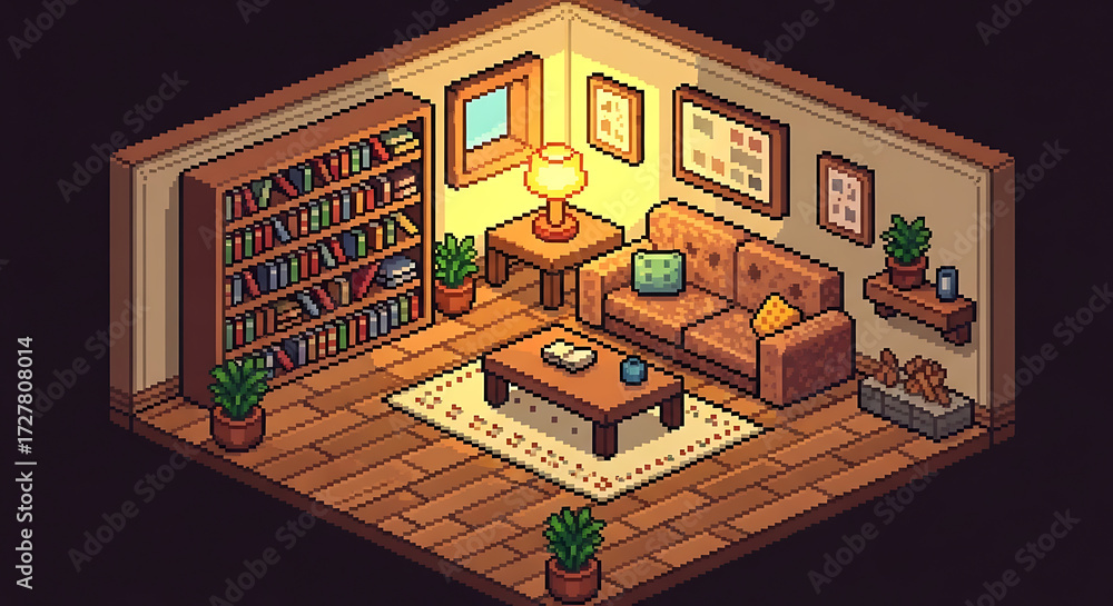 Obraz premium Cozy Pixel Art Living Room with Retro 8-Bit Design, Wooden Floor, Warm Lighting, and Detailed Sofa Interior for Game Background or Digital Art Assets