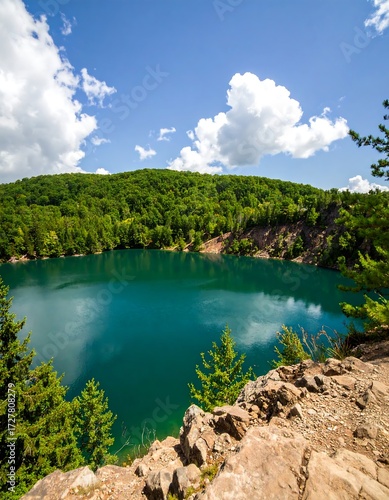 Scenic lake surrounded by trees and hills