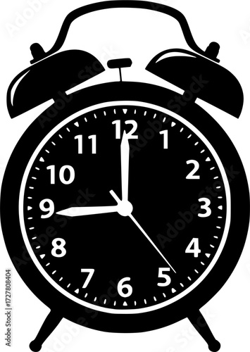 black and white silhouette of an alarm clock vector on a white background
