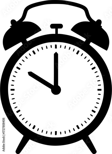 black and white silhouette of an alarm clock vector on a white background
