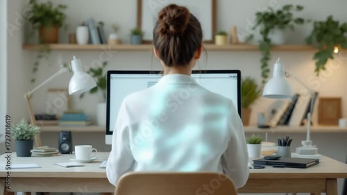 Woman Working at Home, Focused on Computer.