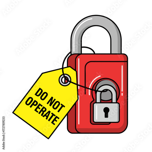 Red padlock with a yellow "Do Not Operate" tag, signifying security and warnings about access and usage