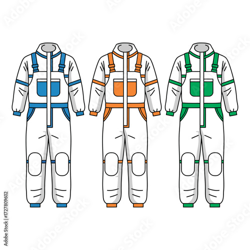 Illustration of Workwear Coveralls in Blue, Orange, and Green Color Schemes - Protective Uniform Designs