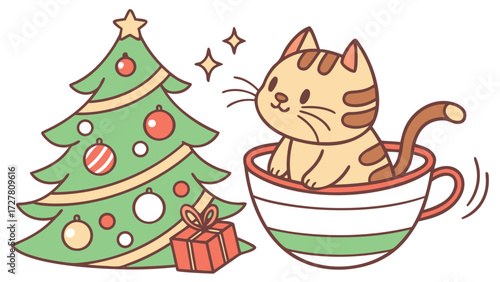 A Relaxed Bengal Cat with sitting in a teacup ride in a Christmas theme – Festive Cheer palette SVG illustration